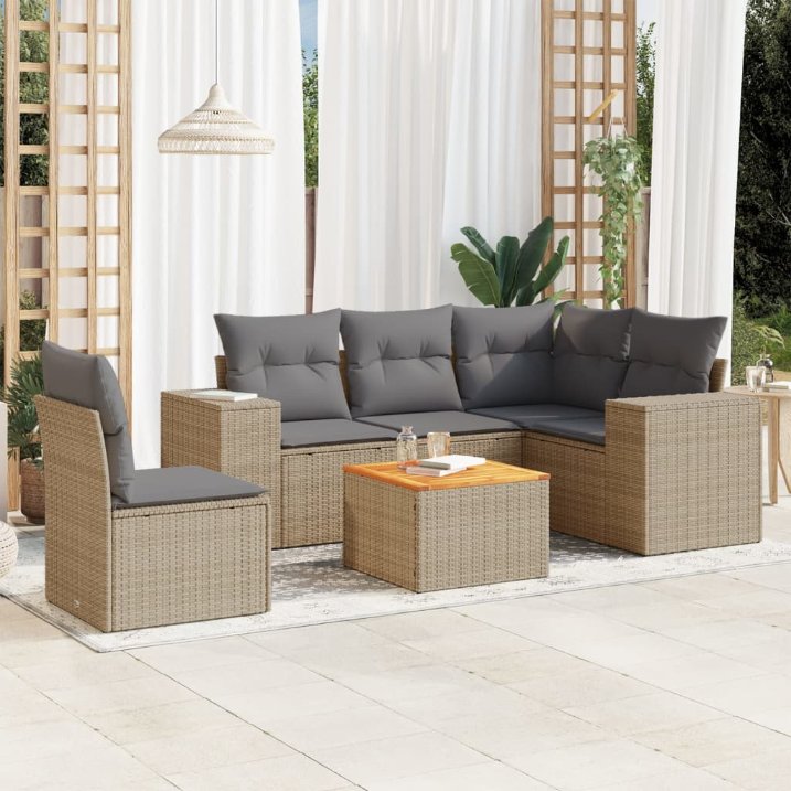 6-tlg. Garten-Sofagarnitur mit Kissen Schwarz Poly Rattan