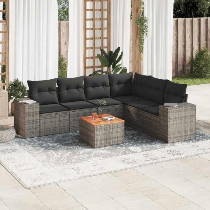 7-tlg. Garten-Sofagarnitur mit Kissen Schwarz Poly Rattan