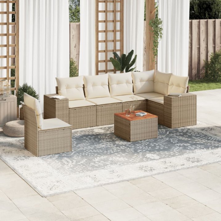 7-tlg. Garten-Sofagarnitur mit Kissen Schwarz Poly Rattan
