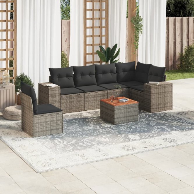 7-tlg. Garten-Sofagarnitur mit Kissen Schwarz Poly Rattan