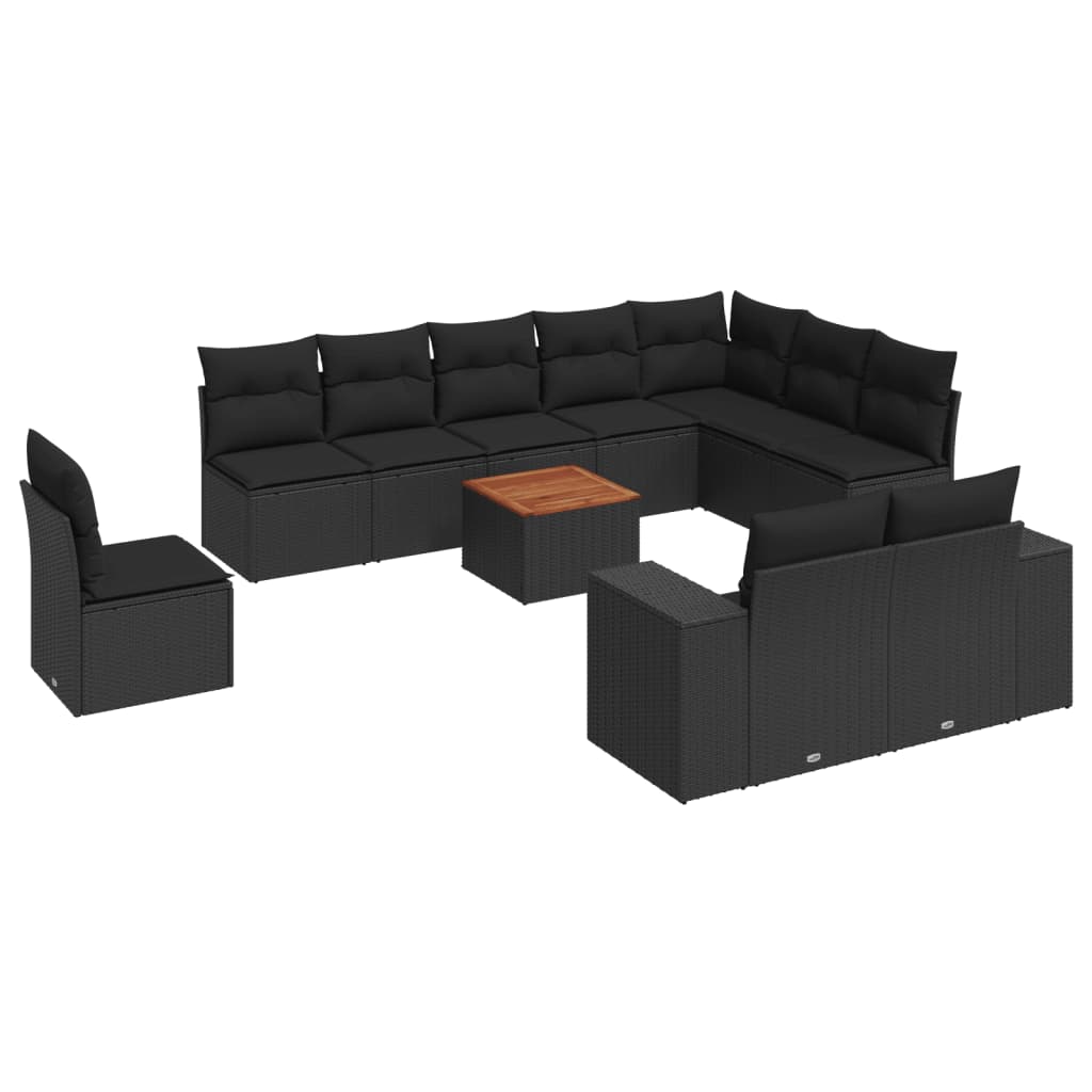vidaXL 11-tlg. Garten-Sofagarnitur mit Kissen Schwarz Poly Rattan