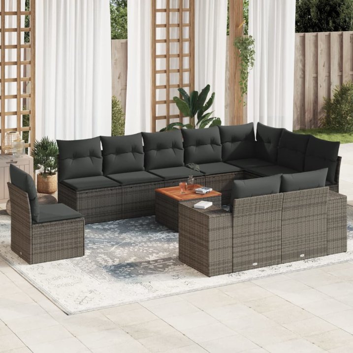 vidaXL 11-tlg. Garten-Sofagarnitur mit Kissen Schwarz Poly Rattan