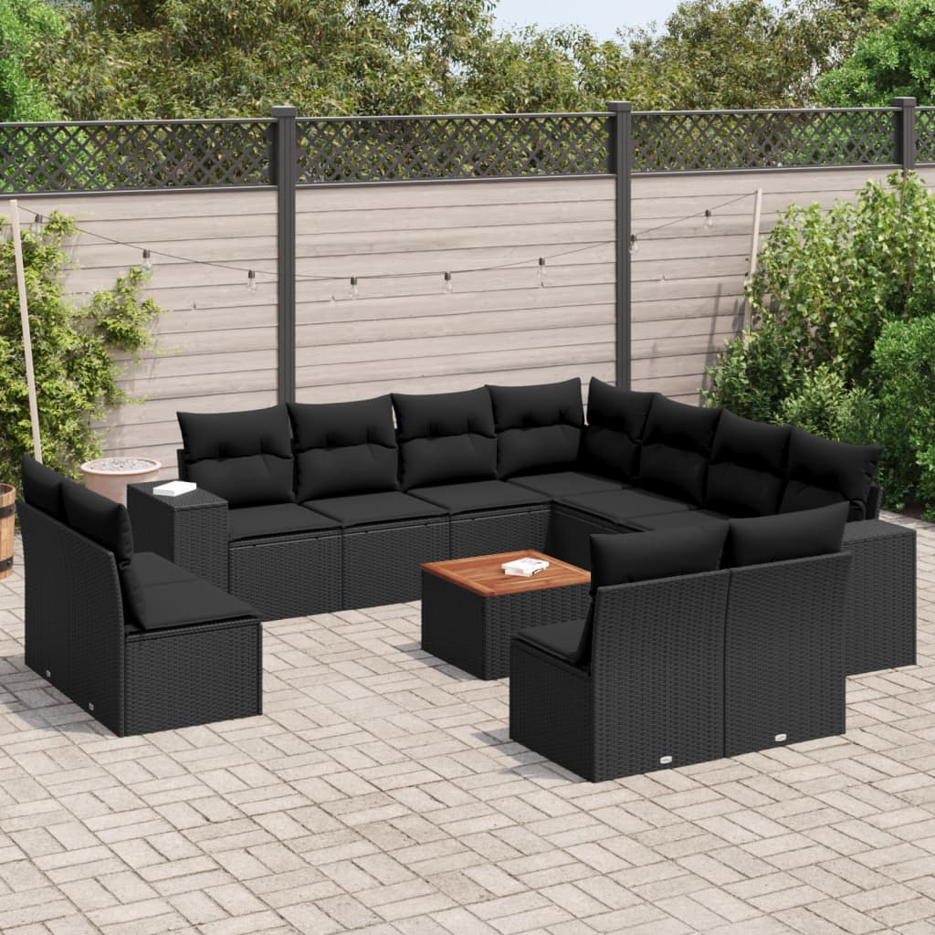 vidaXL 12-tlg. Garten-Sofagarnitur mit Kissen Schwarz Poly Rattan