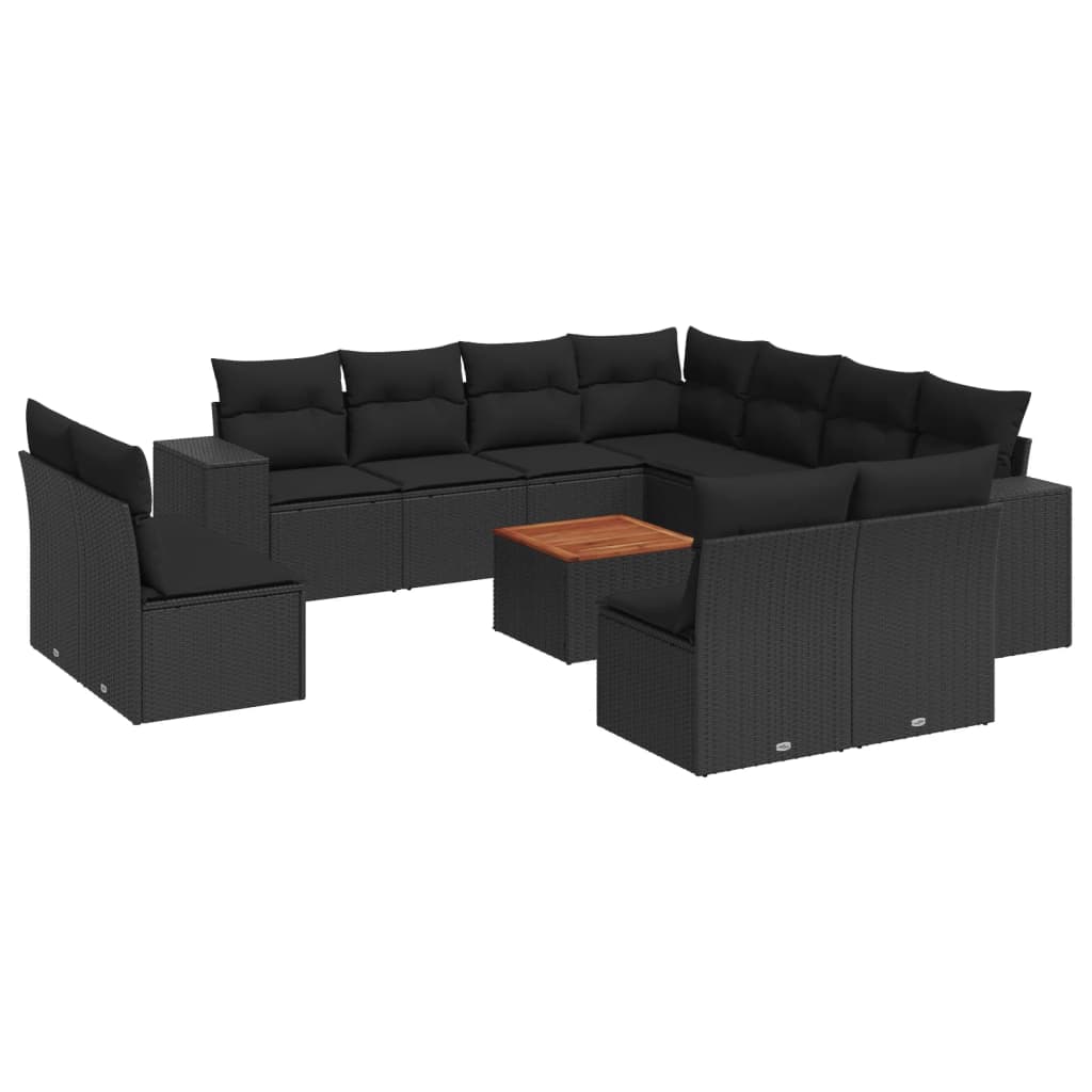 vidaXL 12-tlg. Garten-Sofagarnitur mit Kissen Schwarz Poly Rattan