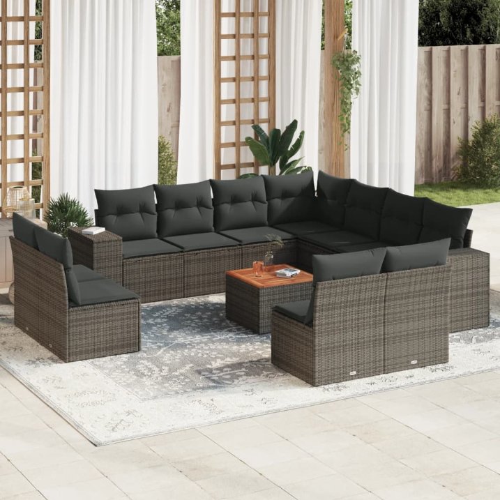12-tlg. Garten-Sofagarnitur mit Kissen Schwarz Poly Rattan