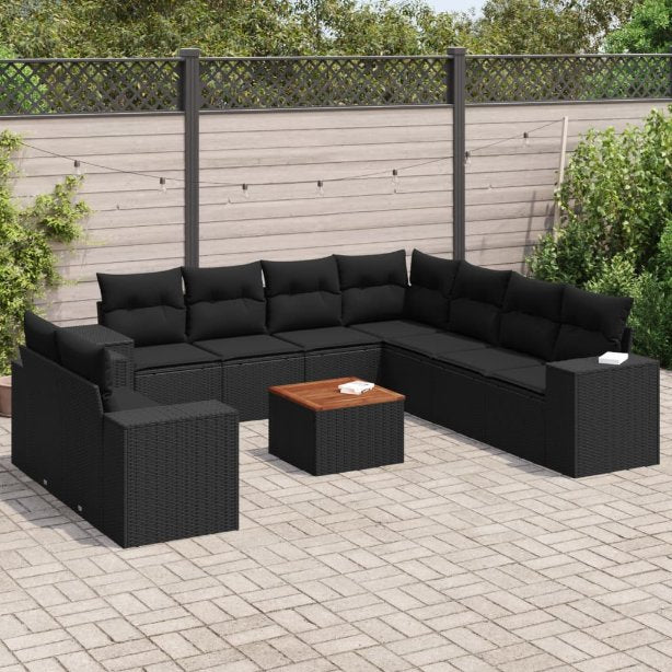 vidaXL 10-tlg. Garten-Sofagarnitur mit Kissen Schwarz Poly Rattan