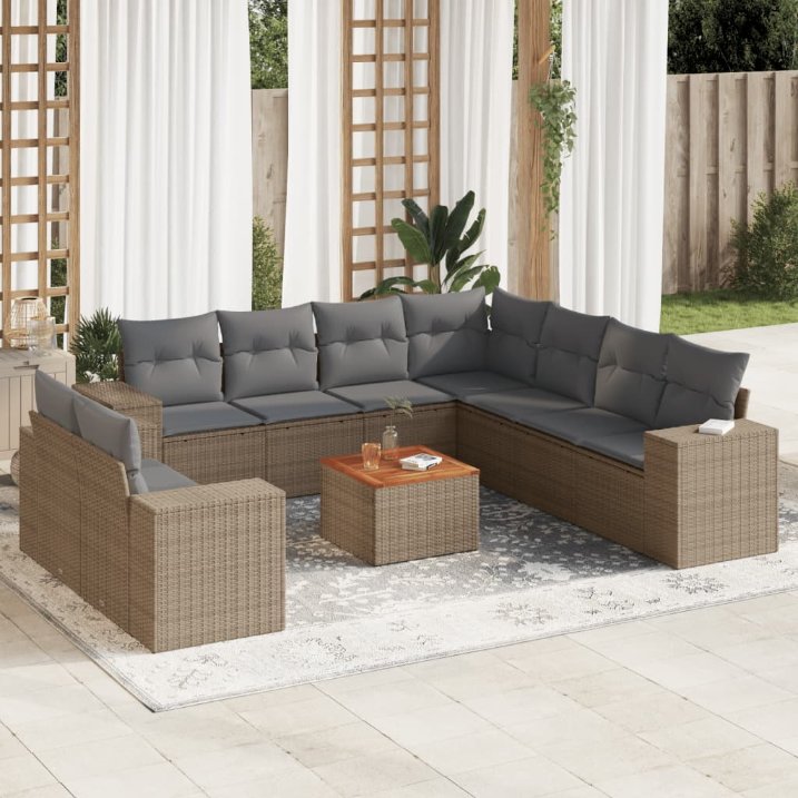 vidaXL 10-tlg. Garten-Sofagarnitur mit Kissen Schwarz Poly Rattan