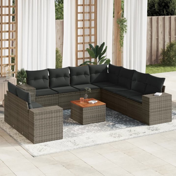 vidaXL 10-tlg. Garten-Sofagarnitur mit Kissen Schwarz Poly Rattan