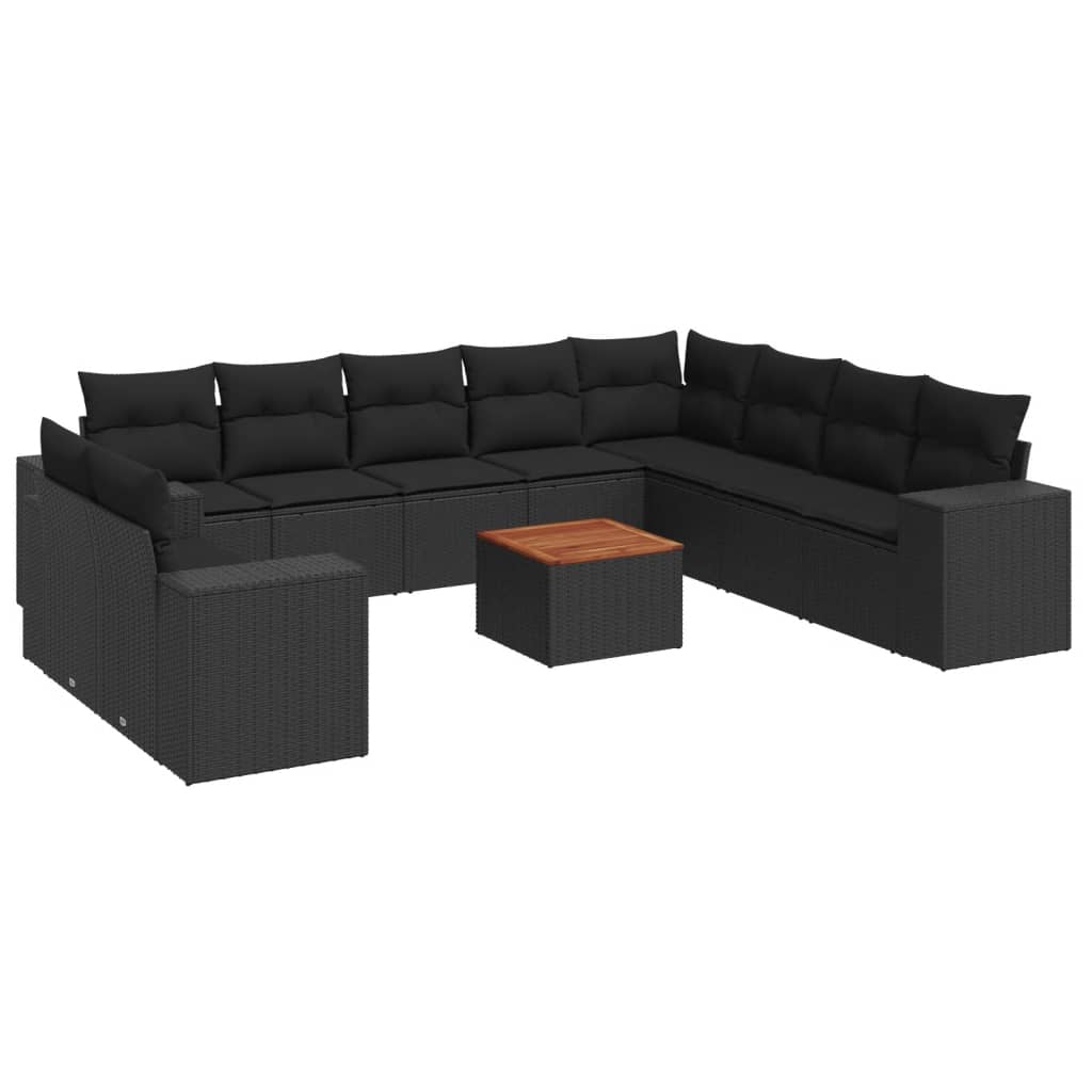vidaXL 11-tlg. Garten-Sofagarnitur mit Kissen Schwarz Poly Rattan