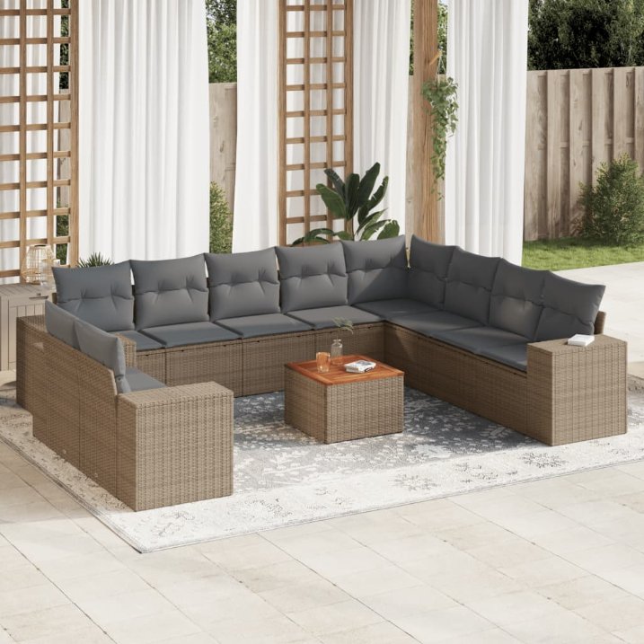 vidaXL 11-tlg. Garten-Sofagarnitur mit Kissen Schwarz Poly Rattan