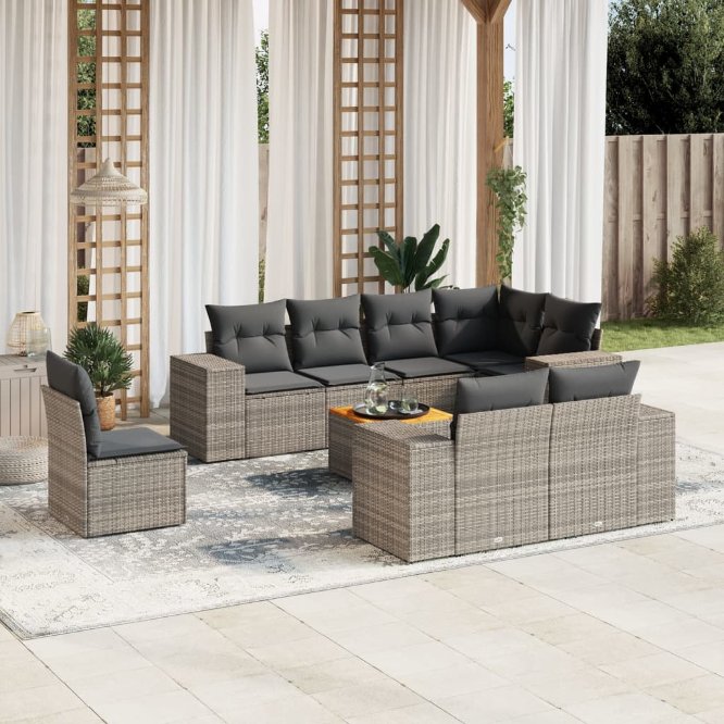 9-tlg. Garten-Sofagarnitur mit Kissen Schwarz Poly Rattan