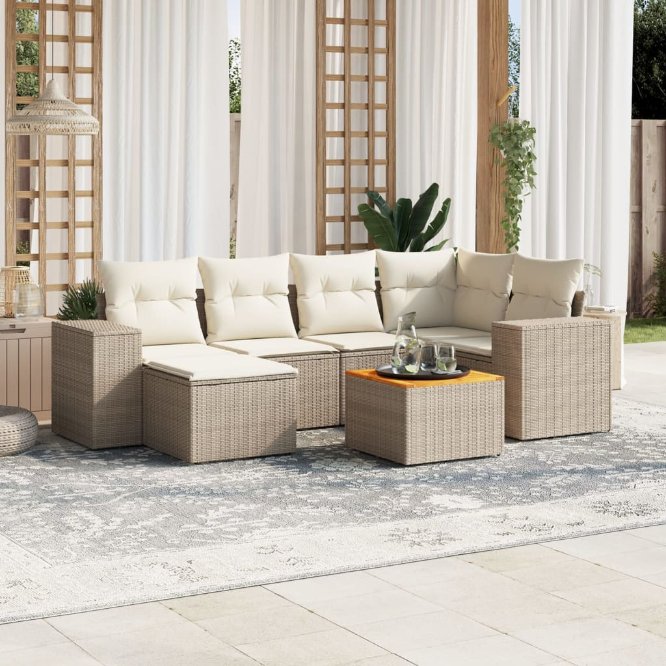 7-tlg. Garten-Sofagarnitur mit Kissen Schwarz Poly Rattan