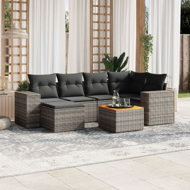 7-tlg. Garten-Sofagarnitur mit Kissen Schwarz Poly Rattan