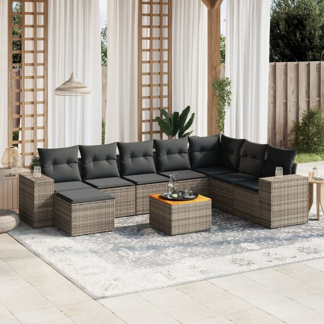 9-tlg. Garten-Sofagarnitur mit Kissen Schwarz Poly Rattan