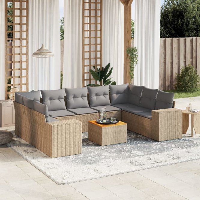vidaXL 10-tlg. Garten-Sofagarnitur mit Kissen Schwarz Poly Rattan
