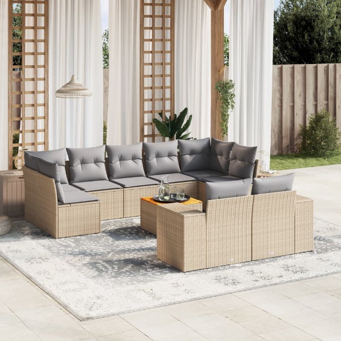 vidaXL 10-tlg. Garten-Sofagarnitur mit Kissen Schwarz Poly Rattan