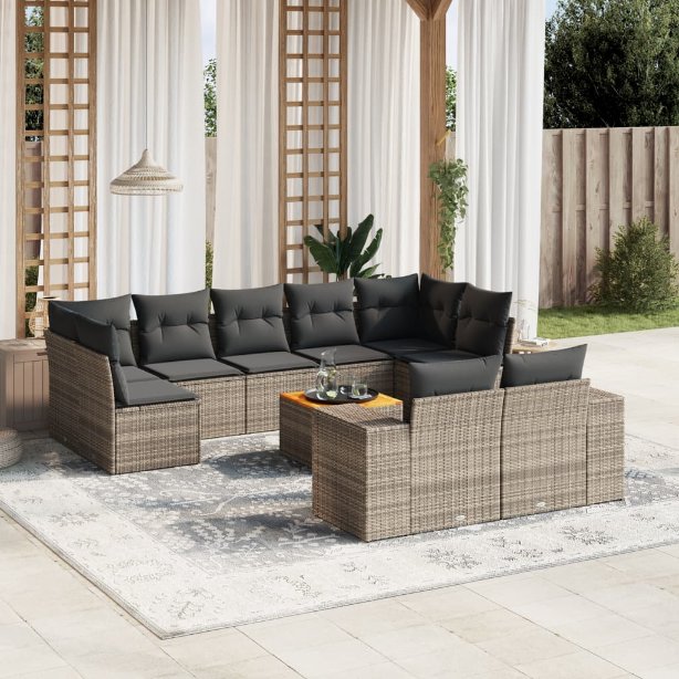vidaXL 10-tlg. Garten-Sofagarnitur mit Kissen Schwarz Poly Rattan
