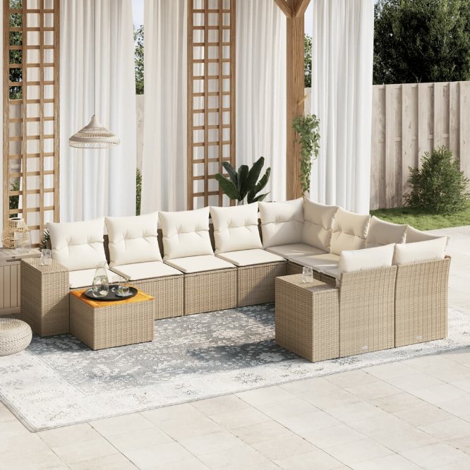 vidaXL 10-tlg. Garten-Sofagarnitur mit Kissen Schwarz Poly Rattan