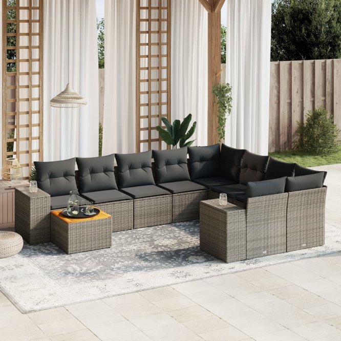 vidaXL 10-tlg. Garten-Sofagarnitur mit Kissen Schwarz Poly Rattan