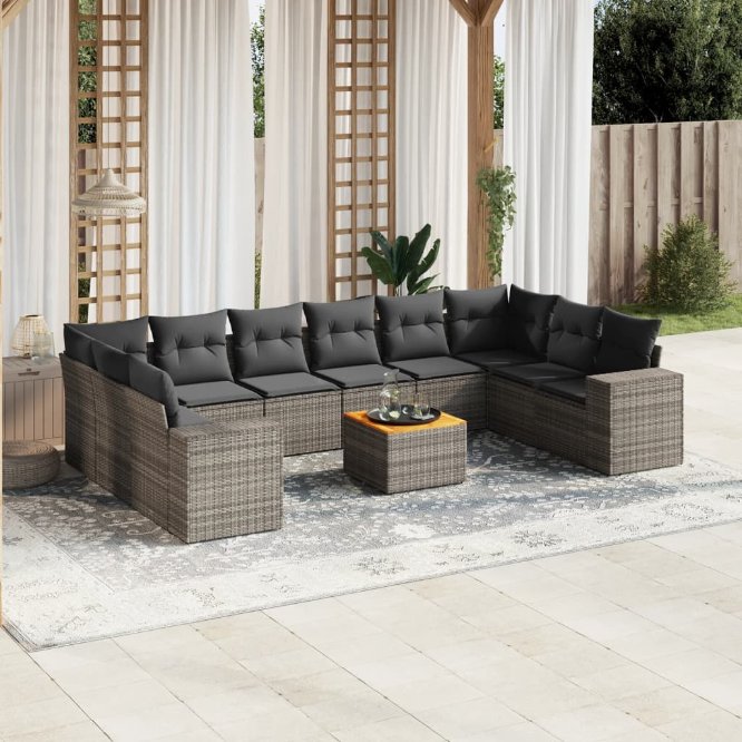vidaXL 11-tlg. Garten-Sofagarnitur mit Kissen Schwarz Poly Rattan
