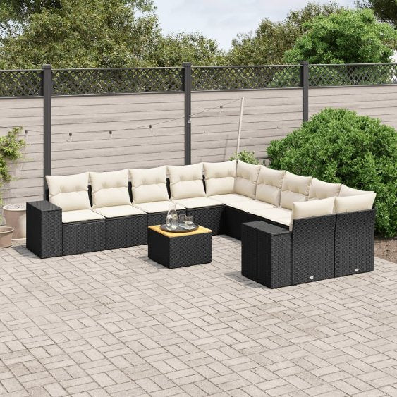 vidaXL 11-tlg. Garten-Sofagarnitur mit Kissen Schwarz Poly Rattan