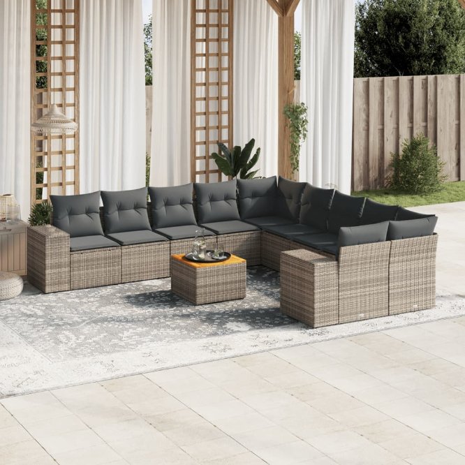 vidaXL 11-tlg. Garten-Sofagarnitur mit Kissen Schwarz Poly Rattan