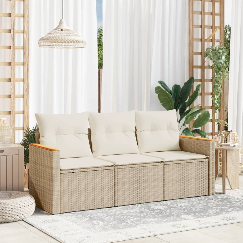 3-tlg. Garten-Sofagarnitur mit Kissen Schwarz Poly Rattan