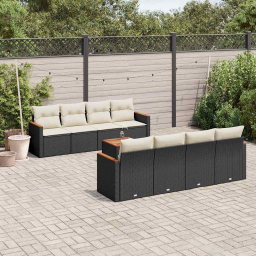 9-tlg. Garten-Sofagarnitur mit Kissen Schwarz Poly Rattan