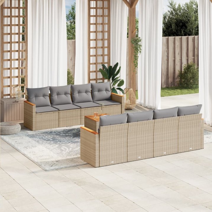9-tlg. Garten-Sofagarnitur mit Kissen Schwarz Poly Rattan