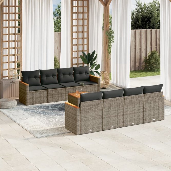 9-tlg. Garten-Sofagarnitur mit Kissen Schwarz Poly Rattan