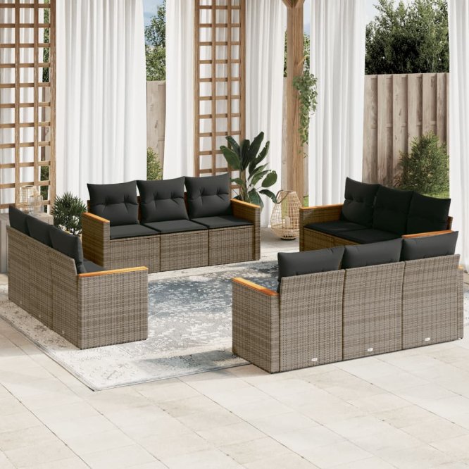 12-tlg. Garten-Sofagarnitur mit Kissen Schwarz Poly Rattan