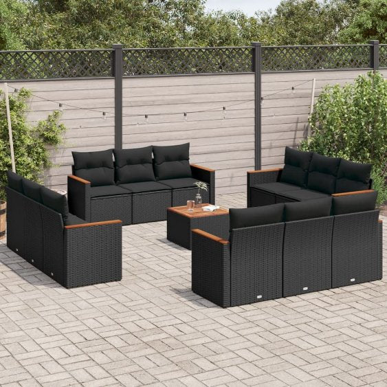 12-tlg. Garten-Sofagarnitur mit Kissen Schwarz Poly Rattan