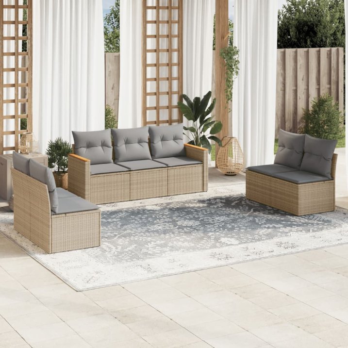 7-tlg. Garten-Sofagarnitur mit Kissen Schwarz Poly Rattan