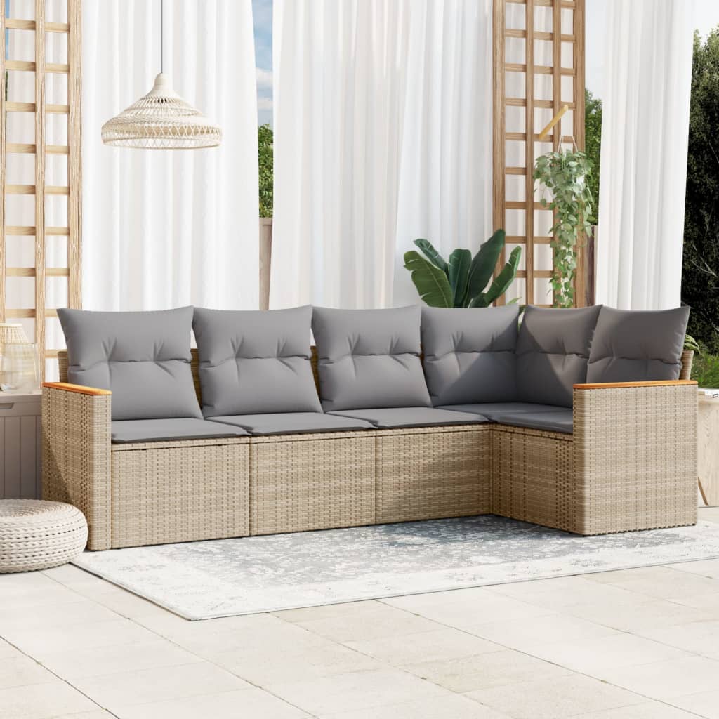 5-tlg. Garten-Sofagarnitur mit Kissen Schwarz Poly Rattan
