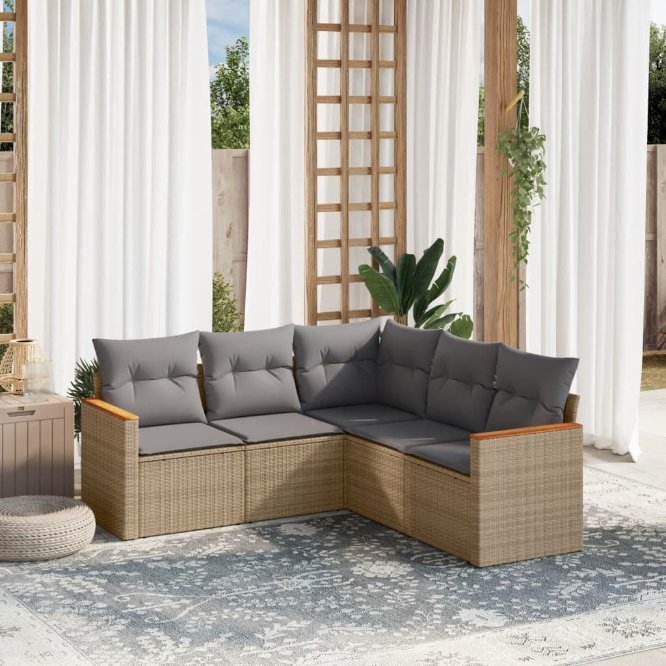 5-tlg. Garten-Sofagarnitur mit Kissen Schwarz Poly Rattan