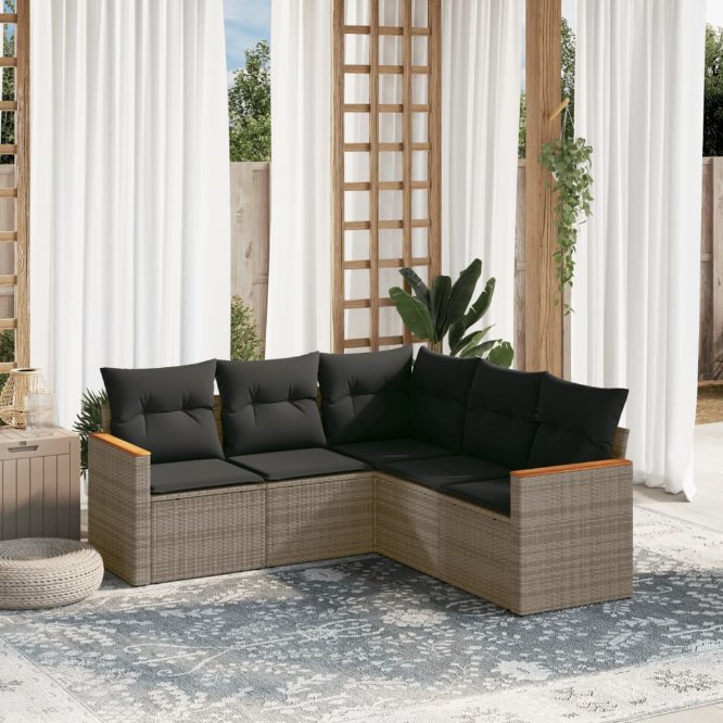 5-tlg. Garten-Sofagarnitur mit Kissen Schwarz Poly Rattan