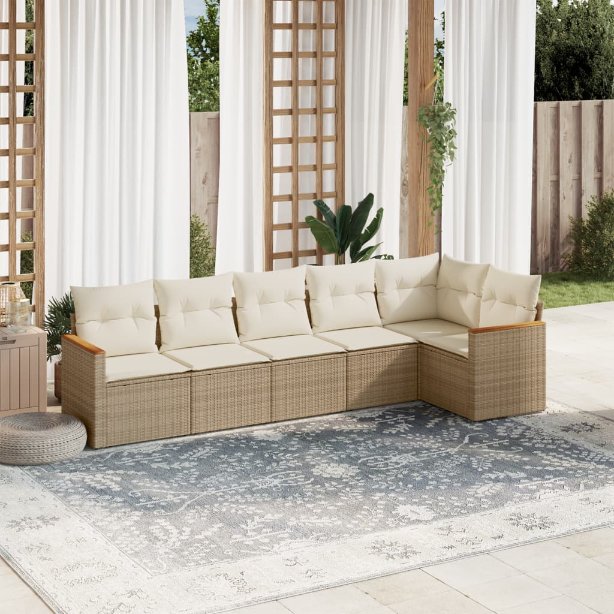 6-tlg. Garten-Sofagarnitur mit Kissen Schwarz Poly Rattan
