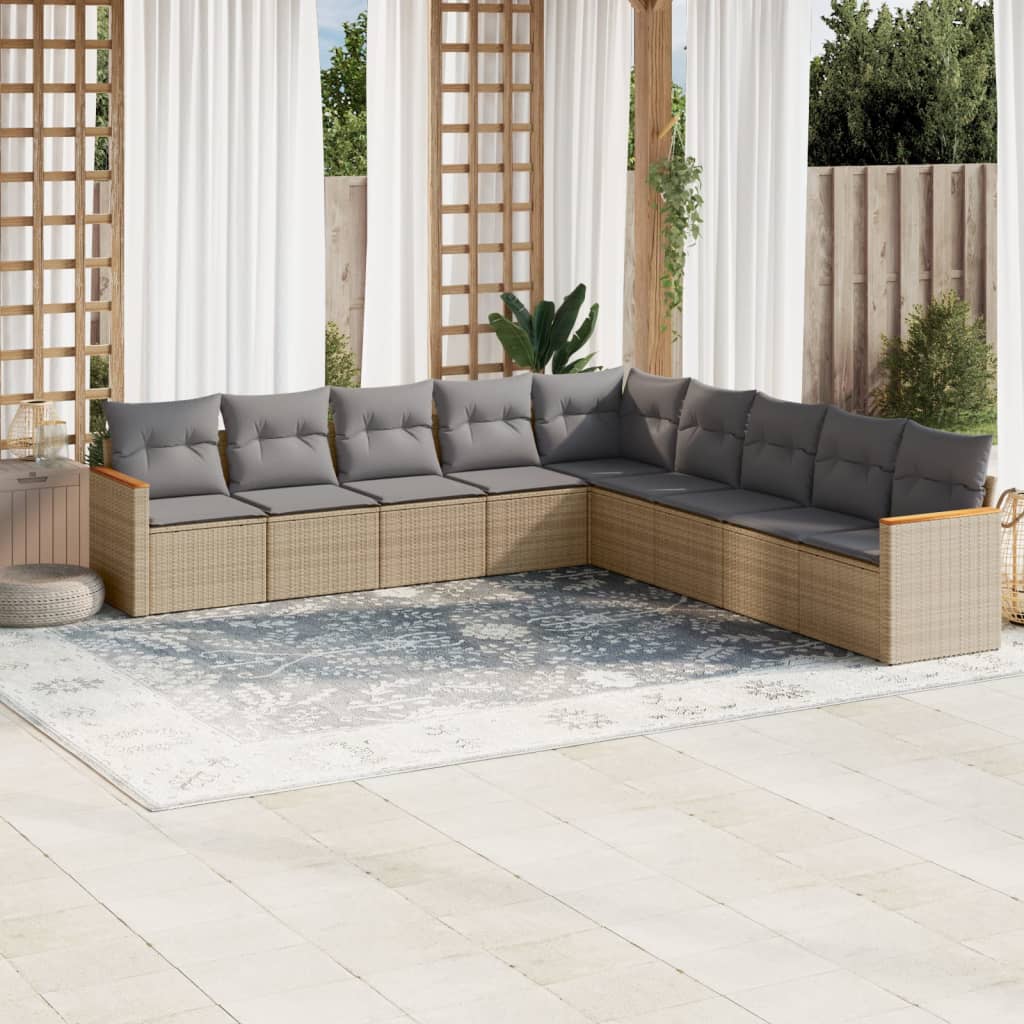 9-tlg. Garten-Sofagarnitur mit Kissen Schwarz Poly Rattan