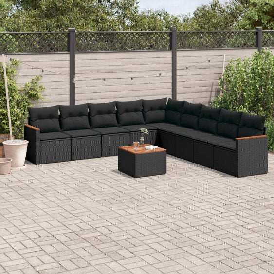 9-tlg. Garten-Sofagarnitur mit Kissen Schwarz Poly Rattan