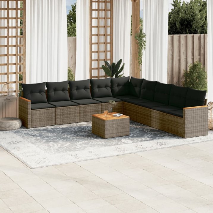 9-tlg. Garten-Sofagarnitur mit Kissen Schwarz Poly Rattan