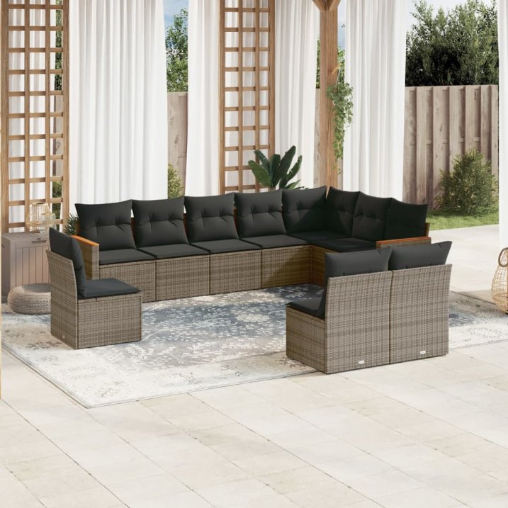 vidaXL 10-tlg. Garten-Sofagarnitur mit Kissen Schwarz Poly Rattan