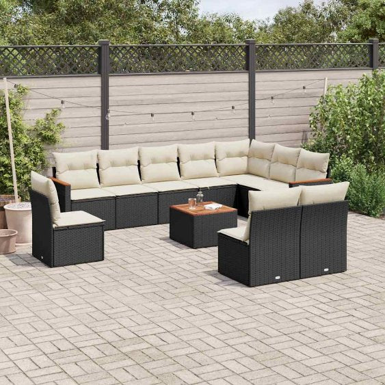 vidaXL 10-tlg. Garten-Sofagarnitur mit Kissen Schwarz Poly Rattan