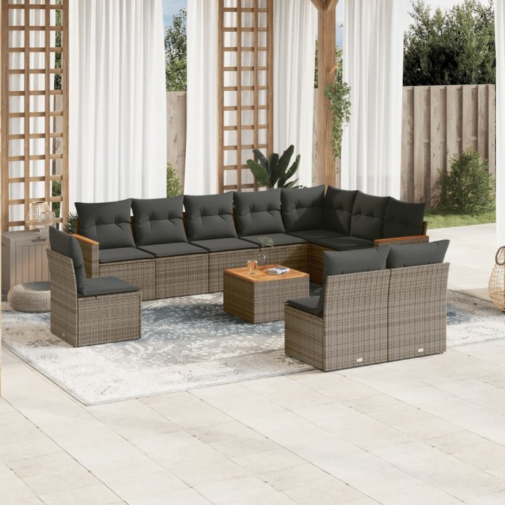 vidaXL 10-tlg. Garten-Sofagarnitur mit Kissen Schwarz Poly Rattan
