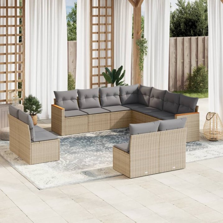 vidaXL 11-tlg. Garten-Sofagarnitur mit Kissen Schwarz Poly Rattan