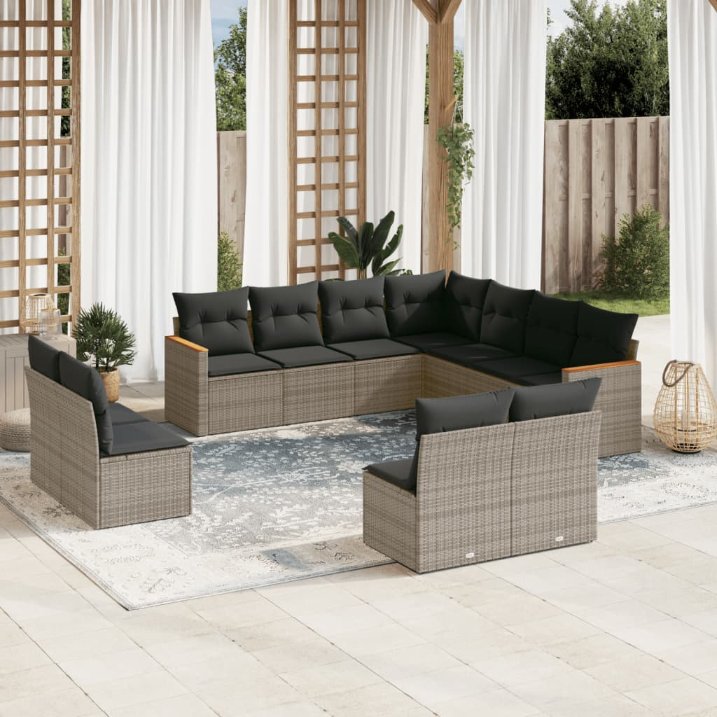 vidaXL 11-tlg. Garten-Sofagarnitur mit Kissen Schwarz Poly Rattan