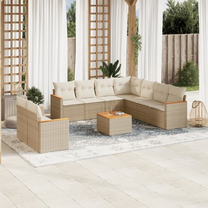 9-tlg. Garten-Sofagarnitur mit Kissen Schwarz Poly Rattan