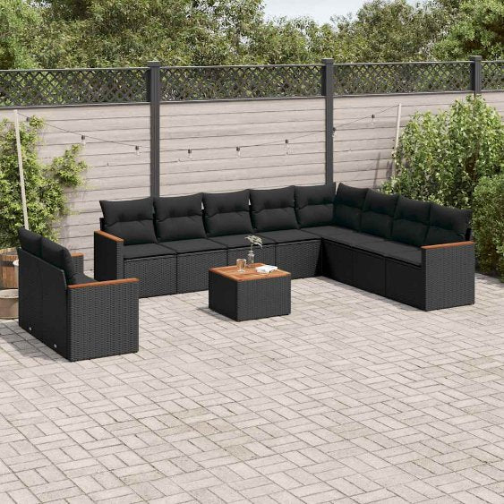 vidaXL 10-tlg. Garten-Sofagarnitur mit Kissen Schwarz Poly Rattan