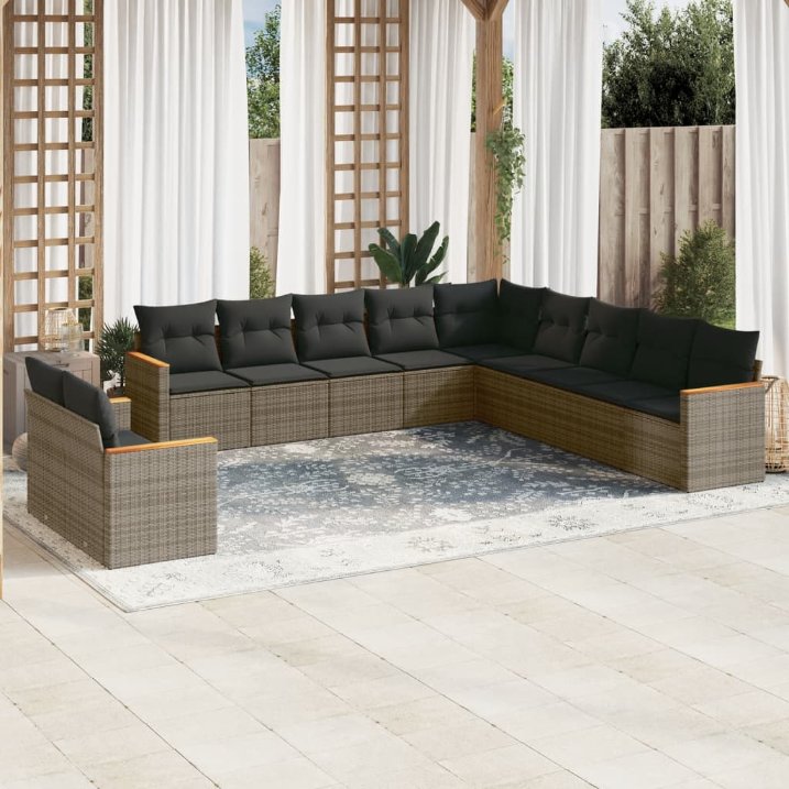 vidaXL 11-tlg. Garten-Sofagarnitur mit Kissen Schwarz Poly Rattan