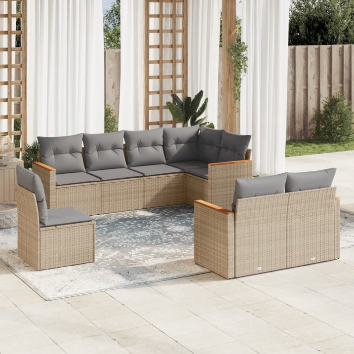 8-tlg. Garten-Sofagarnitur mit Kissen Schwarz Poly Rattan