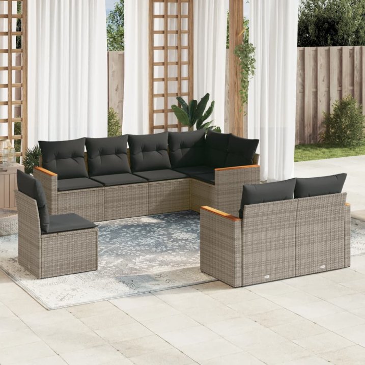 8-tlg. Garten-Sofagarnitur mit Kissen Schwarz Poly Rattan